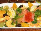 Salade valentine saumon fume, crevettes et agrumes, raisins frais, fenouil, vinaigrette aux agrumes