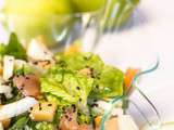 Jolie salade composée d’été ! Saumon fumé, fenouil, melon, romaine, sauce au citron vert