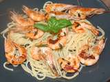 Spaghetti aux gambas marinées au basilic et cuites à la plancha