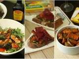 Salade méli-mélo au poulet, tartine de légumes au boeuf séché ou tajine de veau aux carottes