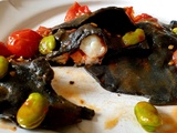 Ravioli noirs aux gambas avec fèves et tomates #trisderavioli 2