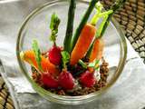 Petits légumes de printemps en terreau de seigle et sarrasin & Roquefort