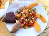 Salade d'été , melon, tomate, Cecina - Viande de bœuf séché de Léon, Espagne