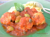 Polpettes de poulet, mozzarella, olives et basilic
