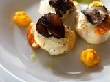 Coquilles Saint Jacques snackées, truffes noire et mousseline de carottes