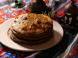 Pancakes au miel et petit suisse- chocolat et sirop d'oranges aux noix