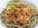 Spaghettis quinoa bio, façon bolognaise avec un reste de viande de boeuf, coulis tomates maison, câpres Dans la rubrique vive les restes