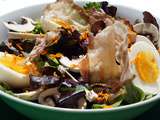 Salade épinard, champignon, oeuf mollet, lard grillé, curcuma
