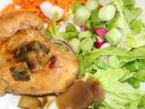 Salade de poulet mariné (soja, sésame, miel), radis et carottes râpées