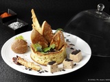 Couronne de foie gras et mi-cuit à la truffe, chutney de pruneaux et granité aux figues