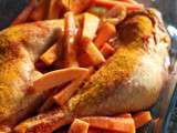 Cuisses de poulet aux épices, frites de carottes et patates douces