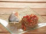 Filet de daurade roulé au jambon, risotto de lentilles vertes du Puy à la tomate