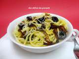 Spaghetti au confit d'oignons et aux olives noires
