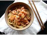 Crevettes sautées au gingembre et wasabi, spaghetti à la sauce soja