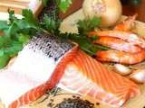 Pavé de saumon au baies rouges et sa purée de lentilles vertes du Puy & Gambas caramélisées au sésame, persil et aneth