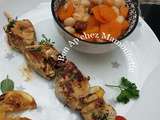 Cocos de Paimpol chorizo carottes au cook et brochettes au filet de poulet thym frais et citron à la plancha