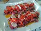 Carpaccio de Rumsteak, huile poivron-pastèque