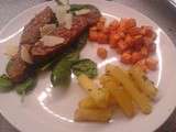 Tagliatas de marcassin, pommes de terre au thym et dés de potiron rôtis