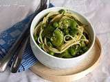 Spaghetti aux légumes verts, pesto de roquette aux amandes