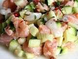 Tartare de courgette, noix de Saint-Jacques et saumon