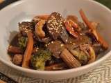Wok de légumes croquants & magret de canard mariné à l'asiatique - Riz aux crevettes
