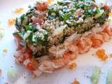 Taboulé de boulgour, quinoa, et semoule, au persil plat, coriandre et menthe, chair de crabe à l’huile de noisette, écrevisses à l’huile de sésame : Jet lag