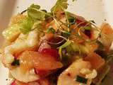 Tartare saumon crevettes avocat radis sauce Yakitori
