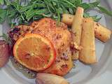 Cuisses de poulet aux oranges sanguines, panais et sirop d'érable