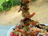 Salade de pastèque, féta – Brochettes de crevettes au bacon