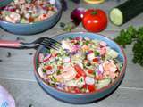 Salade d'orge perlé , légumes et crevettes