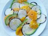 Salade aux radis noirs, oranges, avocats, vinaigrette au jus d’orange