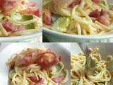 Spaghettis Bio aux Poireaux et aux Lardons façon Carbonara