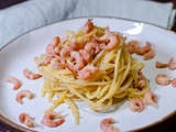 Spaghetti aux lentilles, crevettes grises