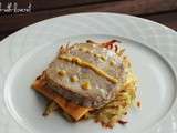 Fish burger : thon, rosti de pomme de terre et rouille sétoise a la plancha