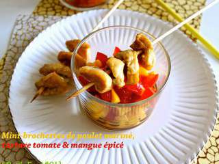 Tapas de mini-brochettes de poulet mariné, tartare tomate & mangue légèrement épicé { Battle Food #21 }
