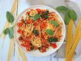 Spaghetti aux pois chiches et tomates cerises rôties