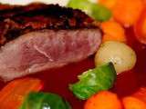 Filet de canette en croûte de pain d'épice, légumes racines, et jus réduit à la betterave... La canette de la remise en question