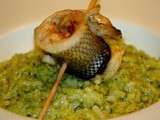 Filet de loup vapeur au piment d'Espelette, risotto aux herbes et citron vert.... La main verte
