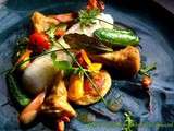 Filet de sandre sur ses pancakes, courgettes et artichauts tournés, girolles, et jus de pigeon... Pécheur du dimanche