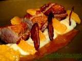 Magret de canard rôti sur sa purée de panais vanillée, mandarines crues et cuites, chips de magret, sauces à la mandarine... Sevrage