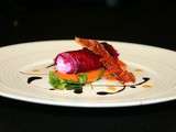 Nem de crabe en betterave sur gelée d'agrumes-carotte