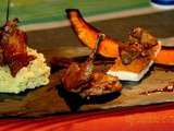Pigeon et sa sauce au pain d'épice sur une purée de pommes de terre, tartine à la purée de potimarrons et foie de volaille, potimarron rôti... Pigeon automnal Béarnais