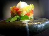 Sorbet de tomate-basilic et son espuma de mozzarella, un tartare de tomates et sa glace mozzarella , et un granité au basilic sur tomates confites