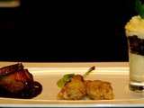 Trilogie de pigeon : filets de pigeons rôtis et son jus réduit, parmentier de pigeons et cuisses de pigeons farcies en tempura et sa purée de fèves