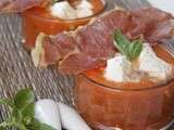 Soupe froide melon, poivron, aux dés de mozzarella et jambon cru croquant - Dossier Skynet Lili