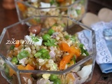 Salade de blé complet au thon- œufs durs- mandarines et petits pois en verrines