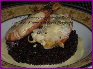 Queue de langouste et crevettes royales sur lit de risotto et sa sauce moutarde