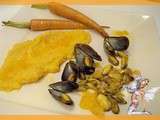 Assiette monochrome :le orange avec Moules de Yerseke, purée de patate douce au vinaigre de banyul et carottes à l'anglaise