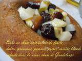 Baba au vieux rhum de Guadeloupe et salade de fruits, dattes, pruneaux, pommes, poires, raisins blonds, infusés dans le rhum