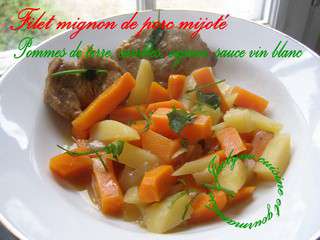 Filet mignon de porc mijoté aux pommes de terre, carottes, oignon, sauce vin du Bugey